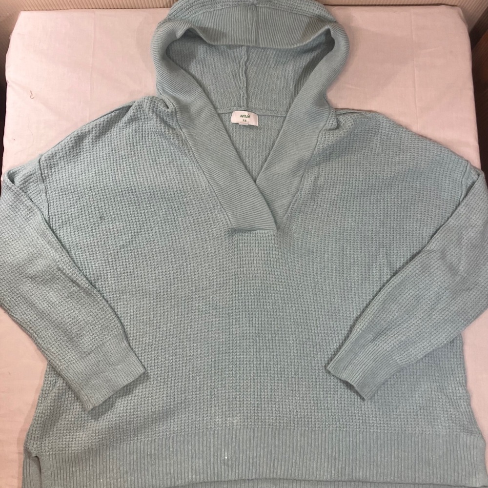 Aerie Waffle Knit Hoodie Sweater Light Blue Green Oversized V-Neck Medium